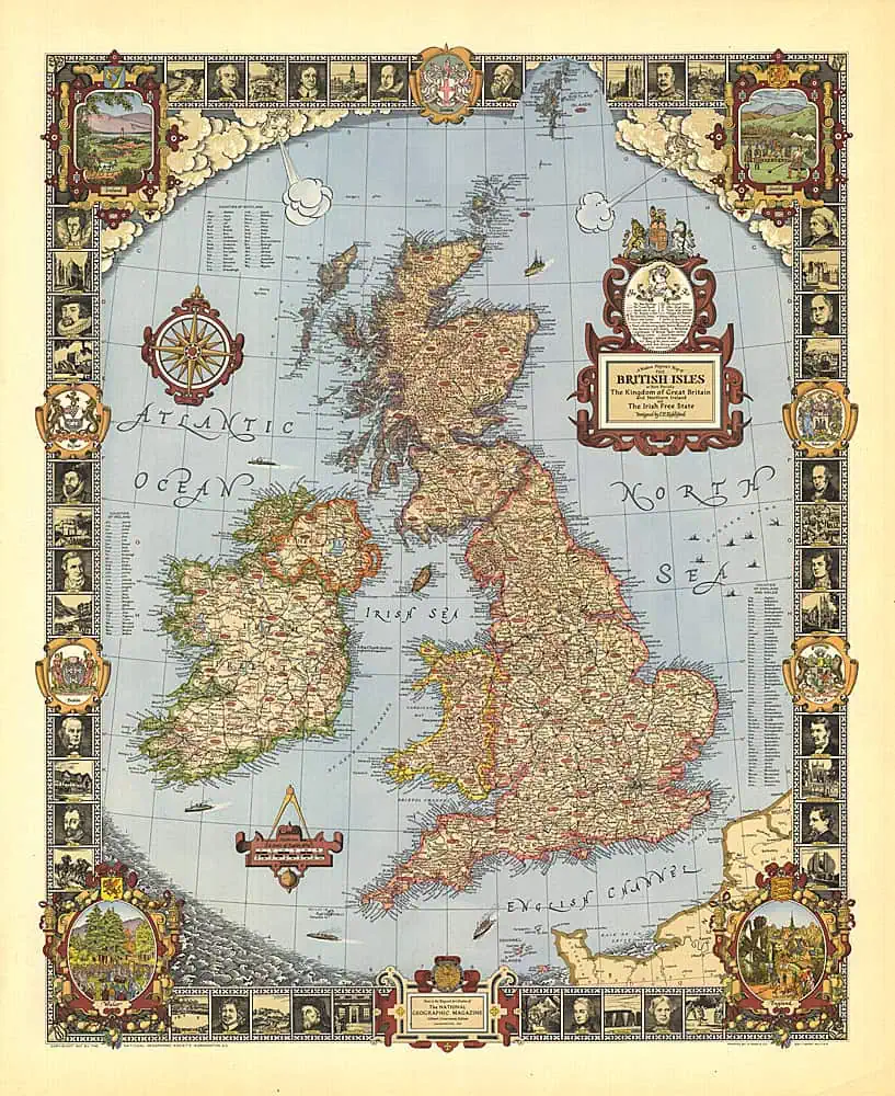 Detailed vintage map of the British Isles from 1937, showcasing geographic features and historical cartography.
