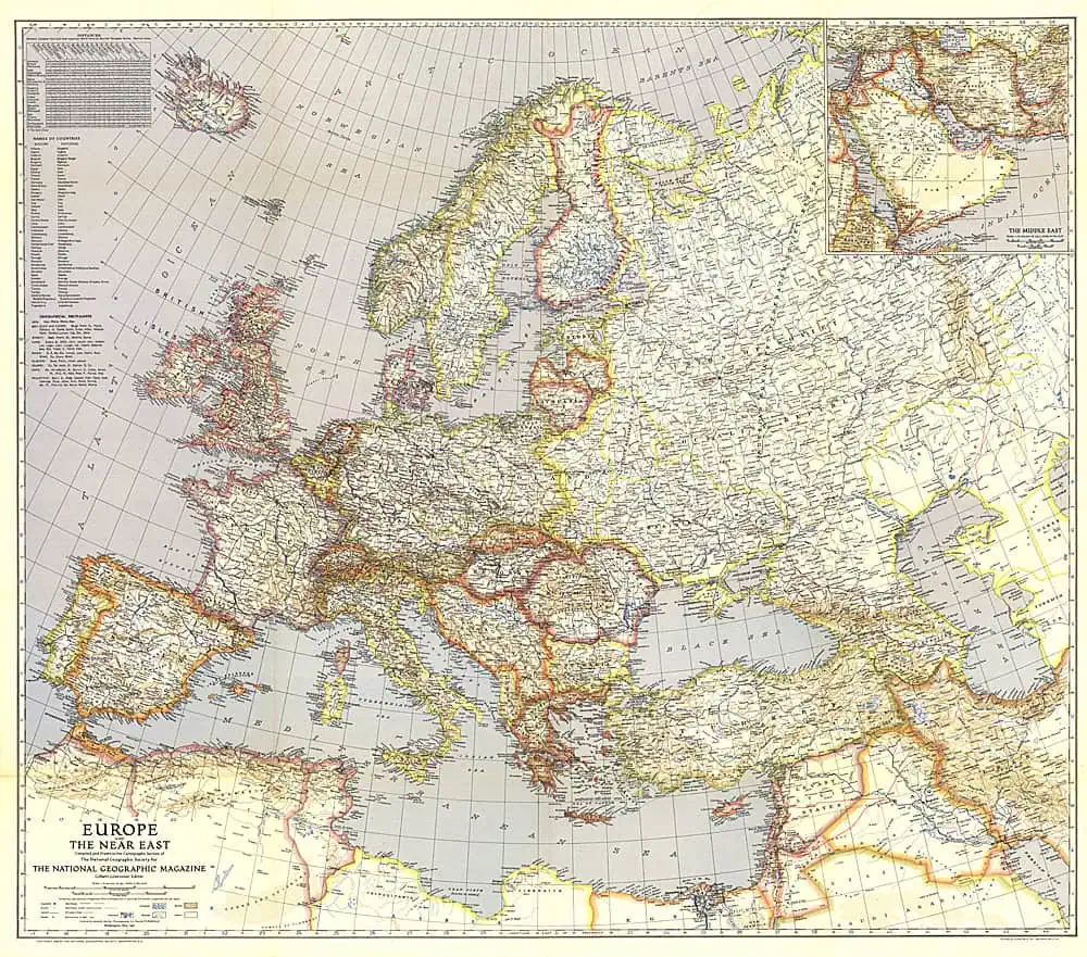 Detailed vintage map of Europe and the Near East from 1940, showcasing geographic boundaries, topography, and historical cartography.