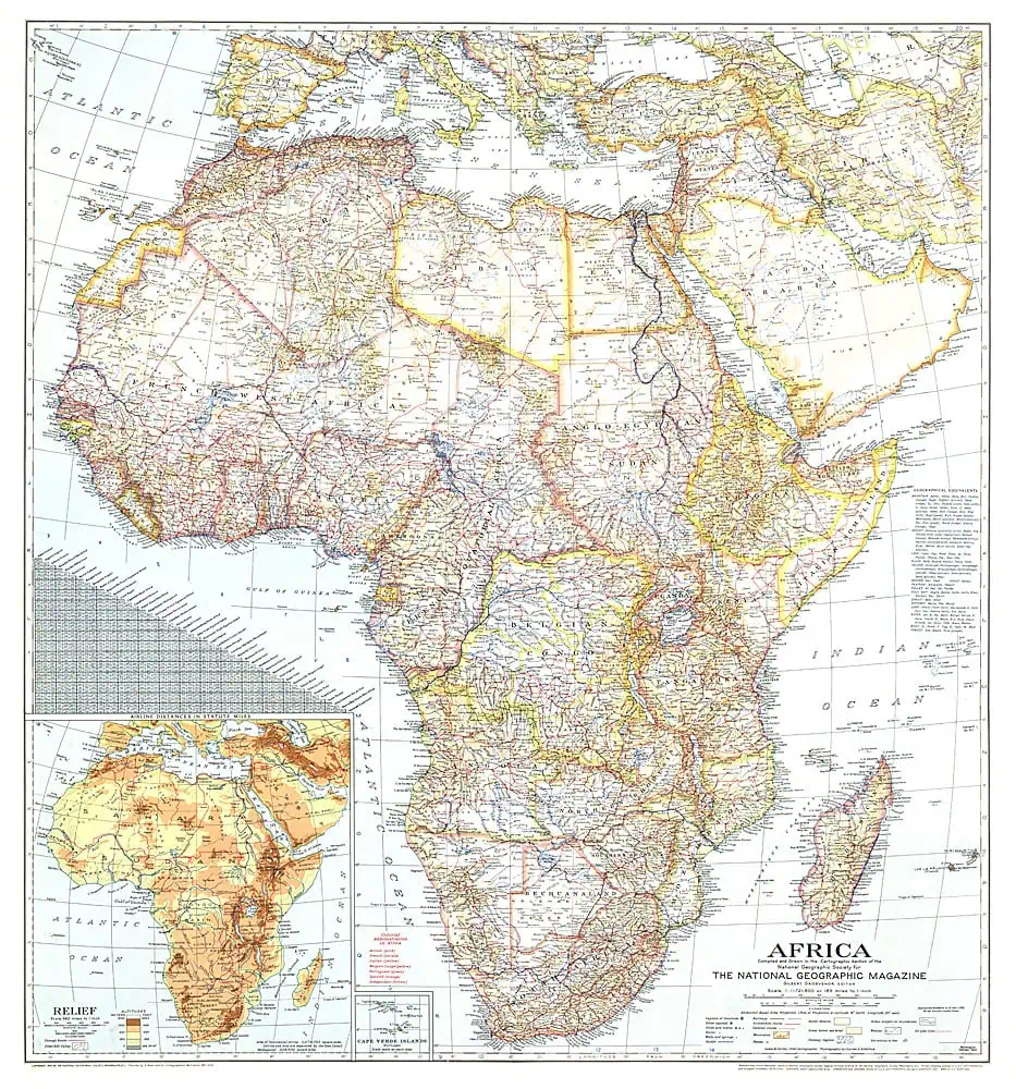 Detailed vintage map of Africa from 1943, showcasing geographic features, borders, and topography as published by National Geographic.
