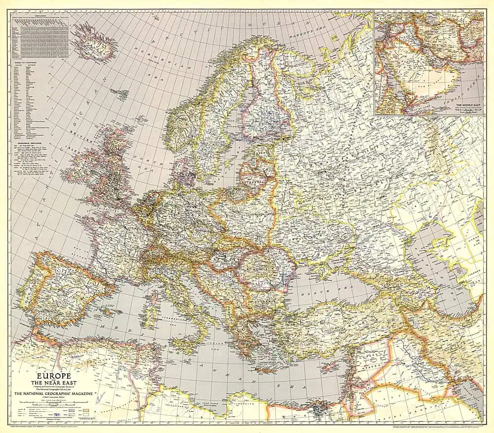 Detailed historical map of Europe and the Near East from 1943, showcasing geographic boundaries, topography, and political divisions during that period.