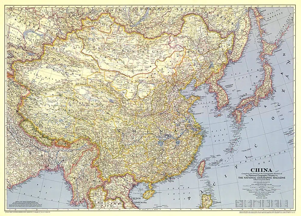 Detailed vintage map of China from 1945, showcasing geographic features and political boundaries.