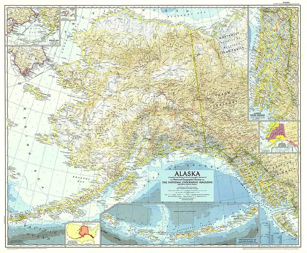 Detailed vintage map of Alaska from 1956, showcasing geographic features and regions.