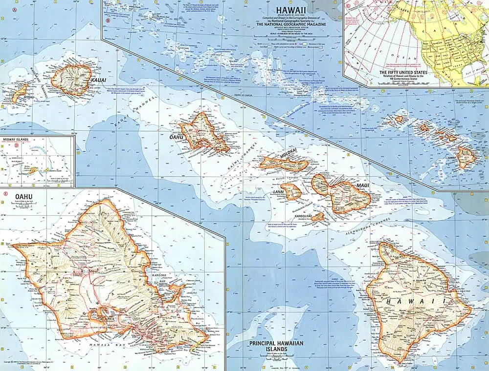 Detailed vintage map of Hawaii islands from 1960, showcasing topography and geographic features.