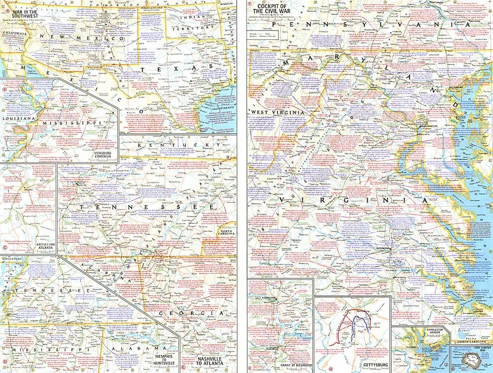 Historic Civil War battlefields map from 1961 showing key sites across the United States, including Virginia, Tennessee, and Georgia, for history enthusiasts and collectors.