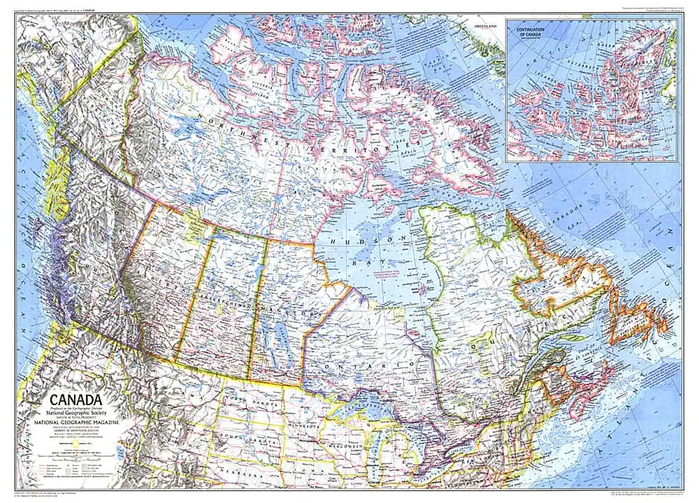Detailed map of Canada from 1972, showcasing geographic features, provinces, and major cities, published by National Geographic.