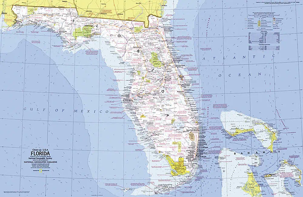 Detailed vintage map highlighting Florida's geography and key locations.
