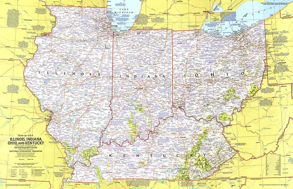Detailed map of Illinois, Indiana, Ohio, and Kentucky from 1977, showcasing state boundaries, major cities, roads, and geographical features for historical reference.