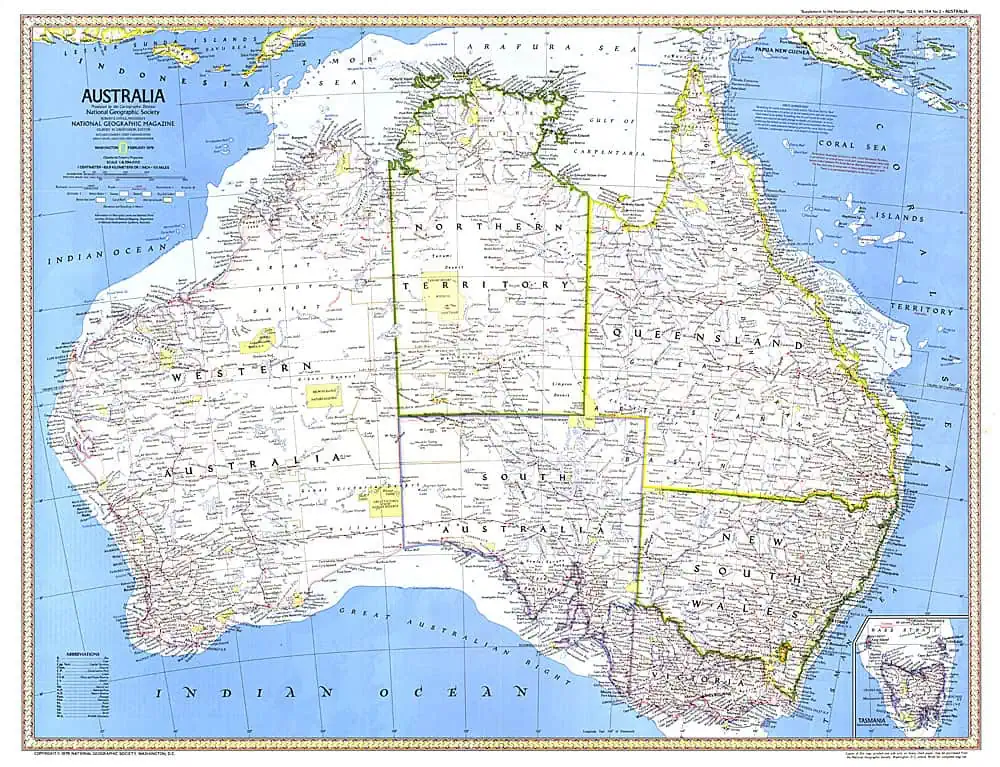 Detailed vintage map of Australia published in 1979 by National Geographic, showcasing geographic features, cities, and regions for historical reference and educational purposes.