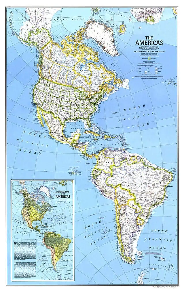 Detailed map of North and South America showing countries, borders, and geographical features.