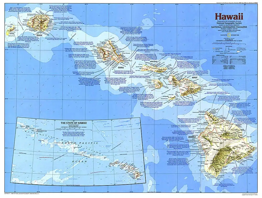 Detailed map of Hawaii islands from 1983 by National Geographic.