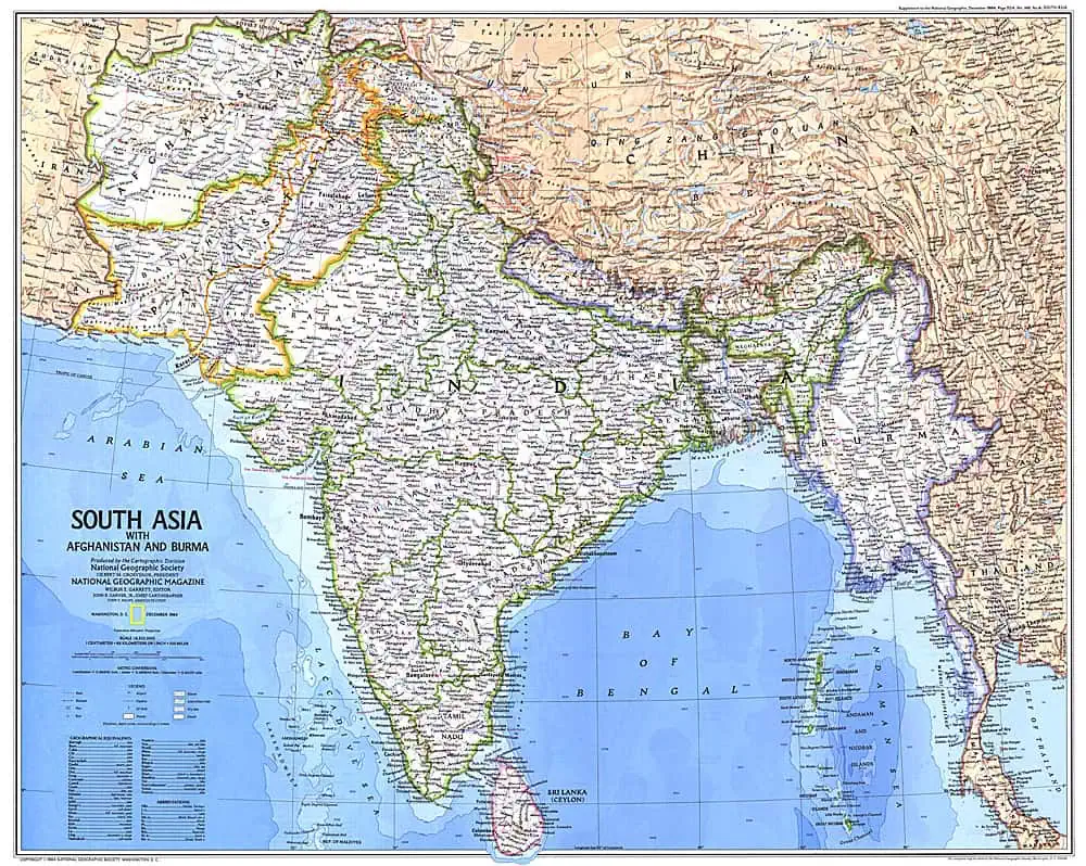 Detailed map of South Asia highlighting Afghanistan and Myanmar, published by National Geographic in 1984.