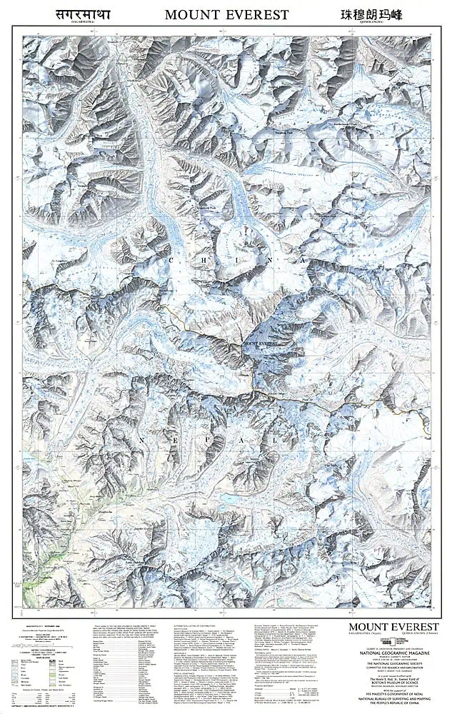 Detailed topographic map of Mount Everest showing elevation, terrain features, and surrounding peaks, published by National Geographic in 1988.