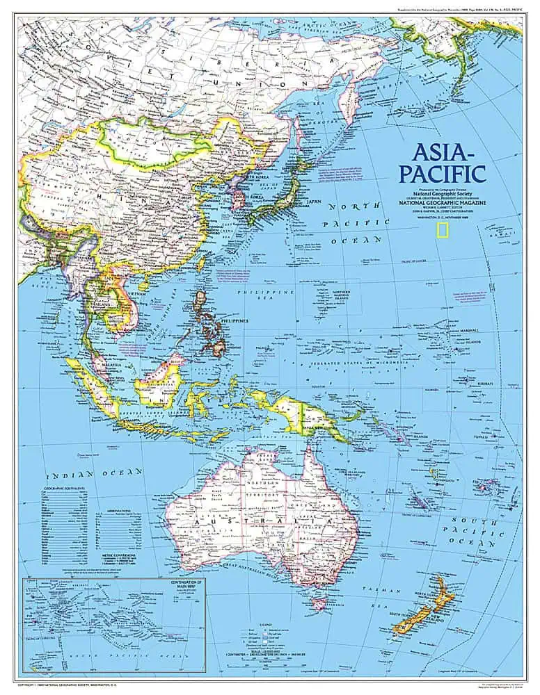 Detailed Asia-Pacific region map from 1989, published by National Geographic, showcasing countries, borders, and geographic features in the Asia-Pacific area.