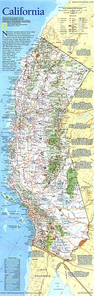 Detailed map of California showing highways, cities, and geographic features.