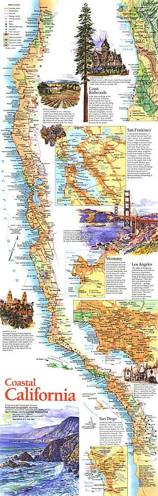 Detailed map of Coastal California featuring key cities, landmarks, and scenic routes.