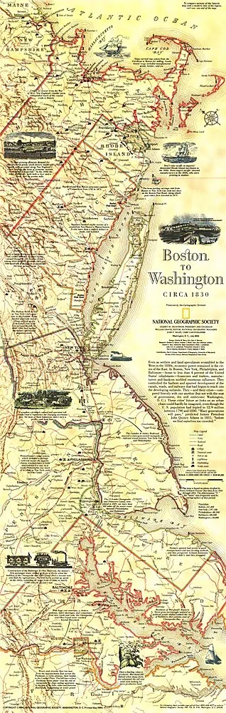 Historical map of Boston to Washington, circa 1830, showcasing early American transportation routes and geographic details.