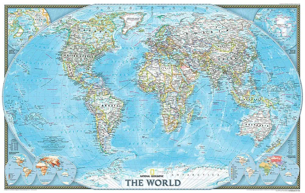 Detailed world map showing continents, countries, and oceans with vibrant colors and geographic features.