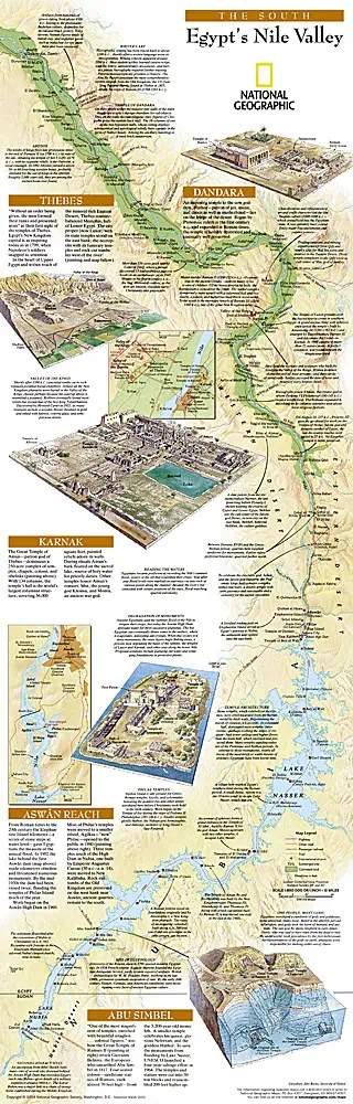 Detailed map of Egypt's Nile Valley south of Cairo, highlighting key archaeological sites and geographic features.