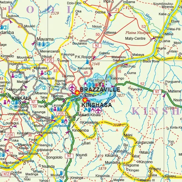 Brazzaville and Kinshasa on detailed Central Africa map, showing major roads and rivers, including Congo River and surrounding regions, ideal for travel planning, logistics, and geographic reference.
