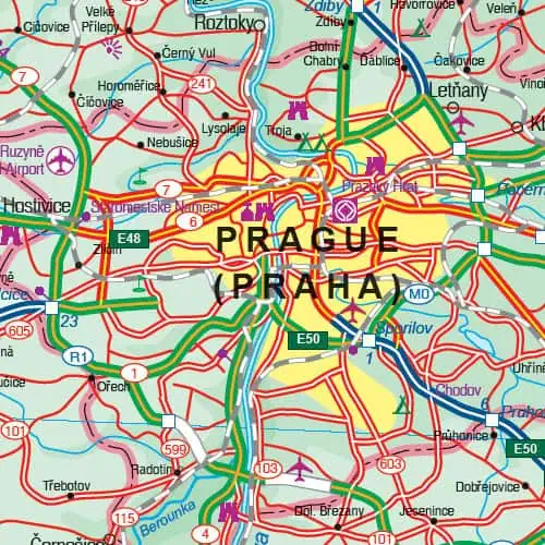 Prague city map highlighting major roads, highways, and landmarks for travelers and locals, ideal for navigation and travel planning in the Czech Republic.