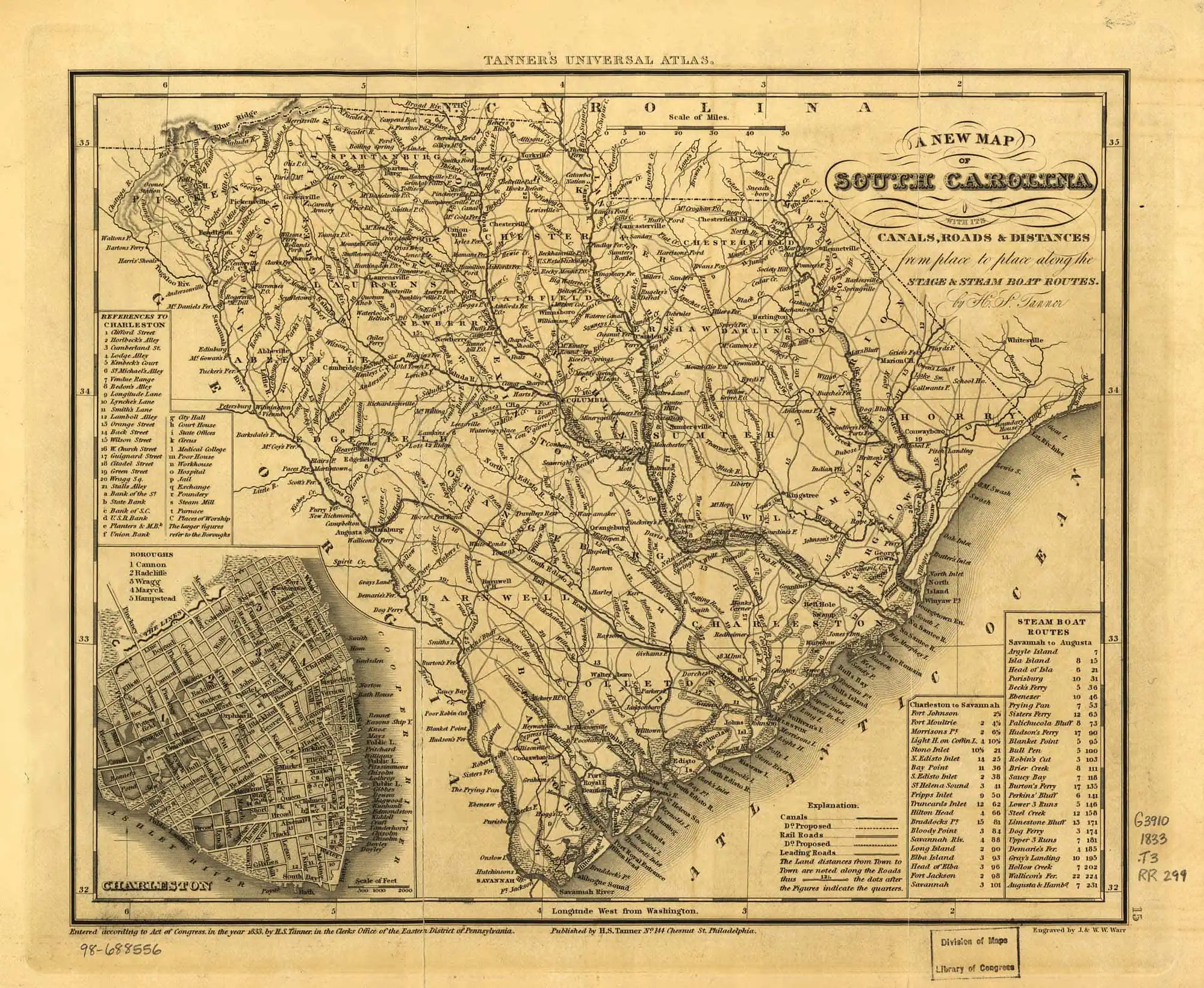 Map of South Carolina with detailed canals, roads, and distances from the 1830s, showcasing historic transportation routes and geographic features of the era.