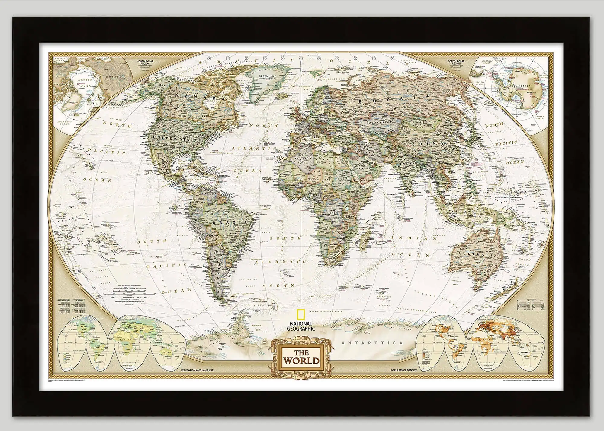 Colorful vintage world map with detailed country borders and geographical features, ideal for travel, education, and mapping enthusiasts. Framed wall art from The Map Shop.