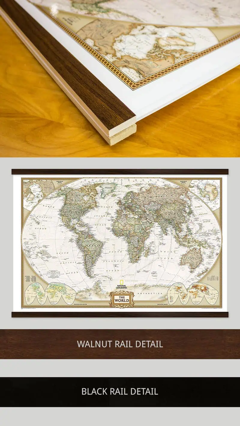 Detailed vintage world map by The Map Shop with walnut and black rail accents, ideal for educational or decorative purposes. Perfect for map enthusiasts and collectors seeking quality cartography.