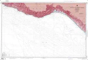 Detailed nautical chart showing coastlines, depths, and navigation routes for maritime navigation and marine safety. Ideal for sailors, boaters, and maritime professionals.