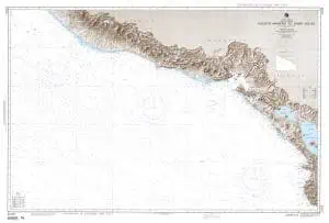 Topographic map of coastal terrain, highlighting elevation and geographical features for outdoor navigation and planning.