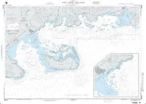 Detailed nautical chart featuring navigational routes, coastal details, and depth information, ideal for maritime navigation and marine chart enthusiasts.