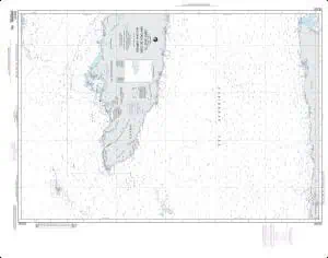 Detailed nautical map of Greenland showing coastlines, depths, and navigation routes for marine navigation and outdoor exploration.