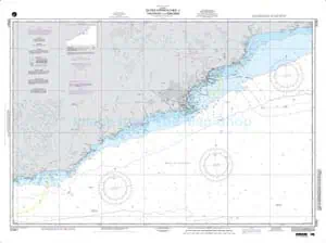 Sea navigation chart of the eastern coastline with detailed depth contours, navigational aids, and sailing routes for maritime navigation and marine charting.