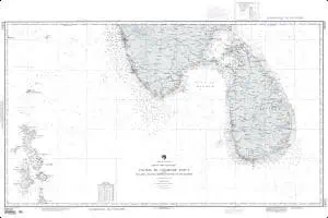 Detailed nautical chart of the islands, showcasing navigational routes, water depths, and coastlines for maritime navigation and sailors' reference.
