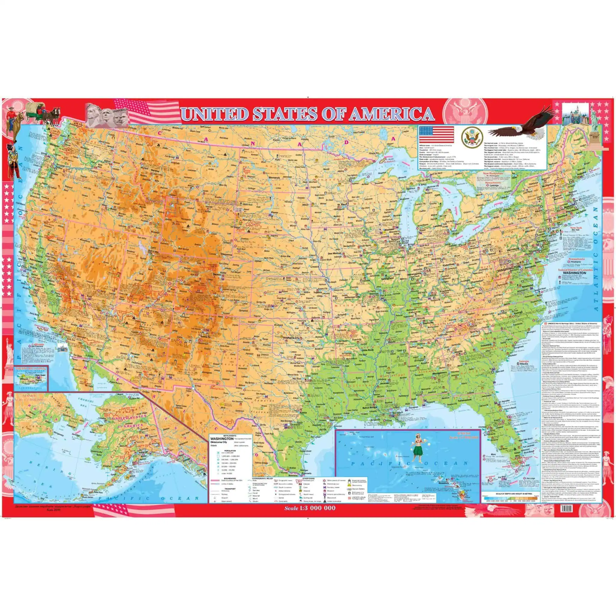 Detailed United States wall map highlighting geographic features, highways, states, and national parks, ideal for travel planning, education, and navigation. Features vibrant colors and detailed labeling for easy reference.