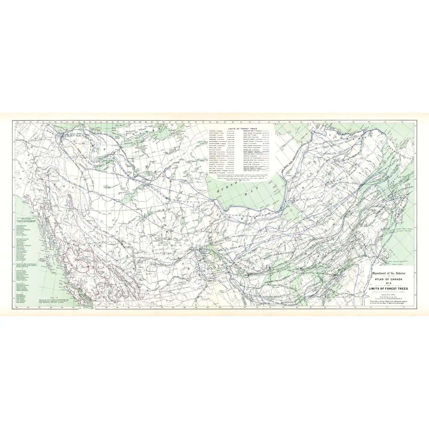 Detailed historic map of Canada showing forest boundaries, topographical features, and natural landmarks, available at The Map Shop for collectors, researchers, and map enthusiasts.