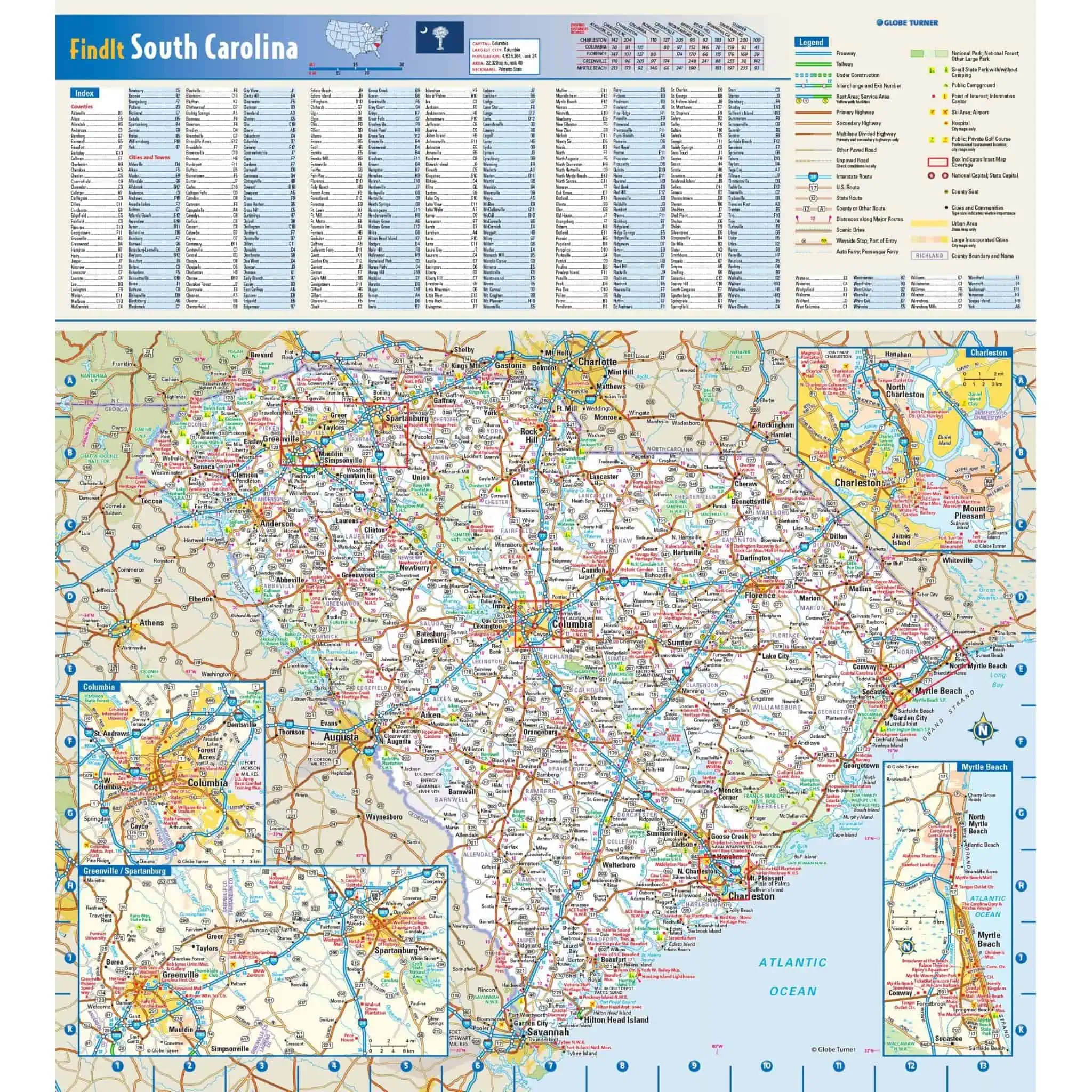 Detailed map of South Carolina featuring major highways, cities, towns, and geographic features for accurate navigation and travel planning.