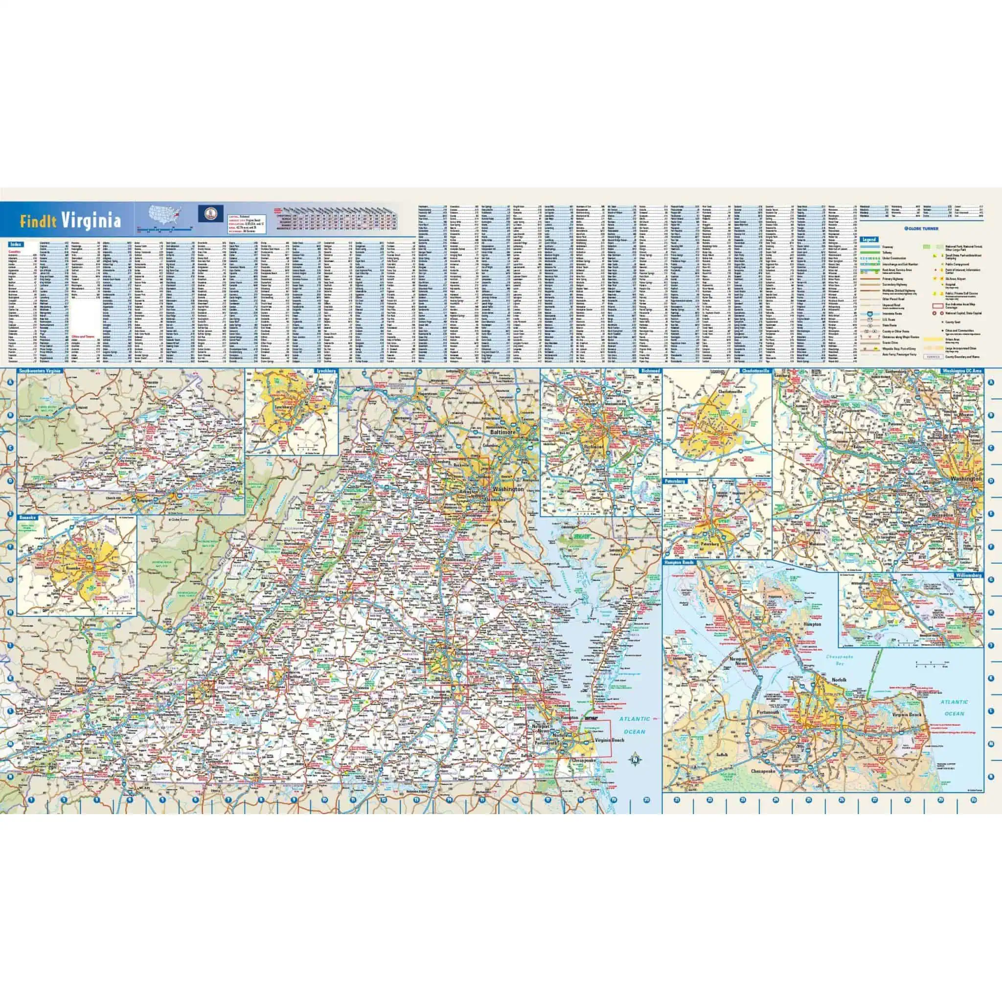 Detailed map of Virginia featuring highways, cities, and geographical landmarks, available at The Map Shop for travel planning and navigation.