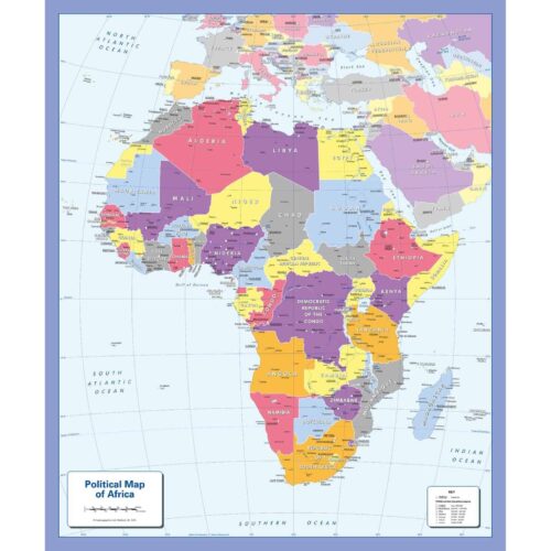 Africa political map with colorful country divisions, showing capitals and borders for detailed reference. Features country labels, boundaries, and a legend for easy navigation.
