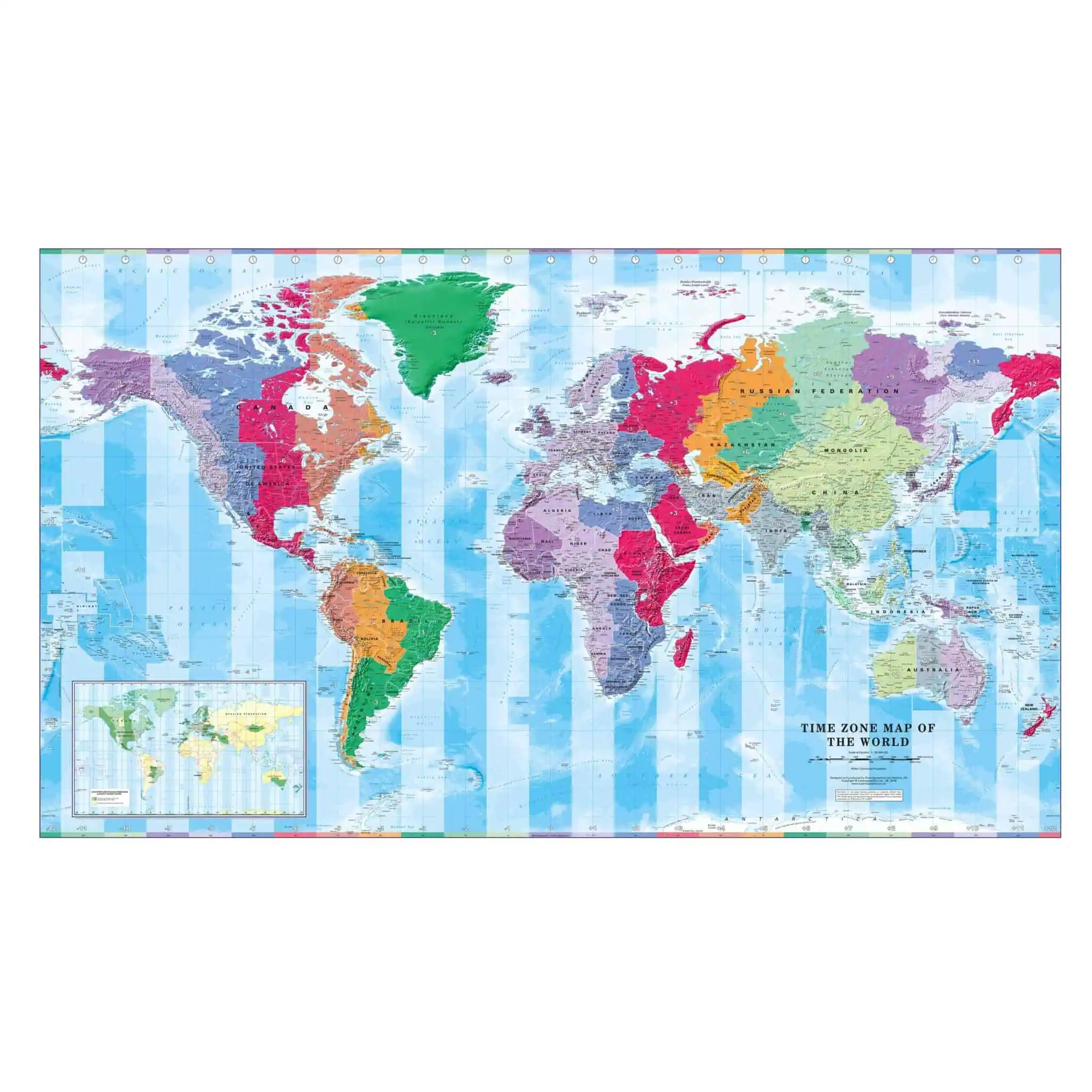 Political world map showing countries, continents, and time zones, ideal for geography education, travel planning, and cartography enthusiasts. Features detailed country borders and labels.