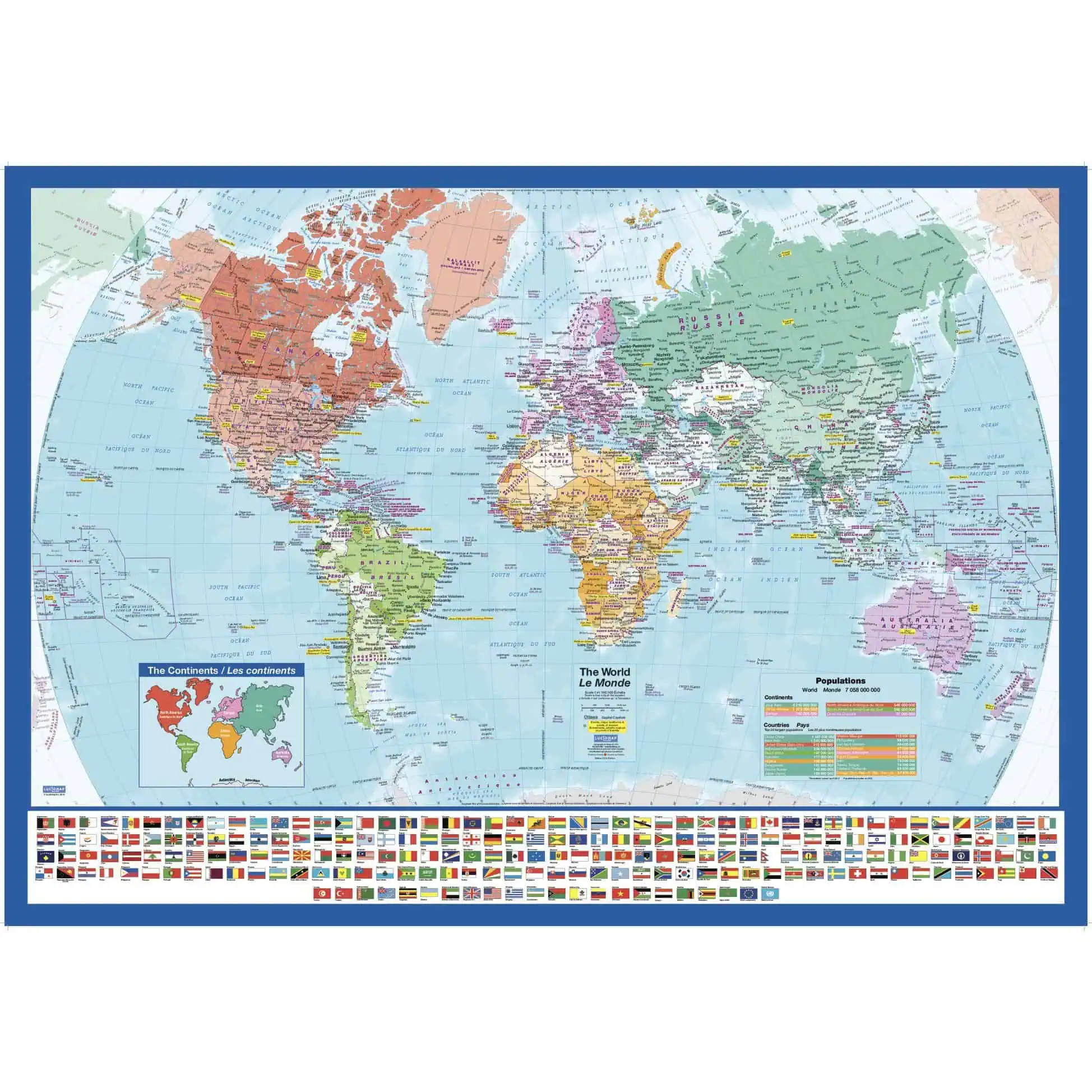 Political world map with countries, continents, capitals, and flags, ideal for travelers, educators, and map enthusiasts seeking detailed geographic information from The Map Shop.