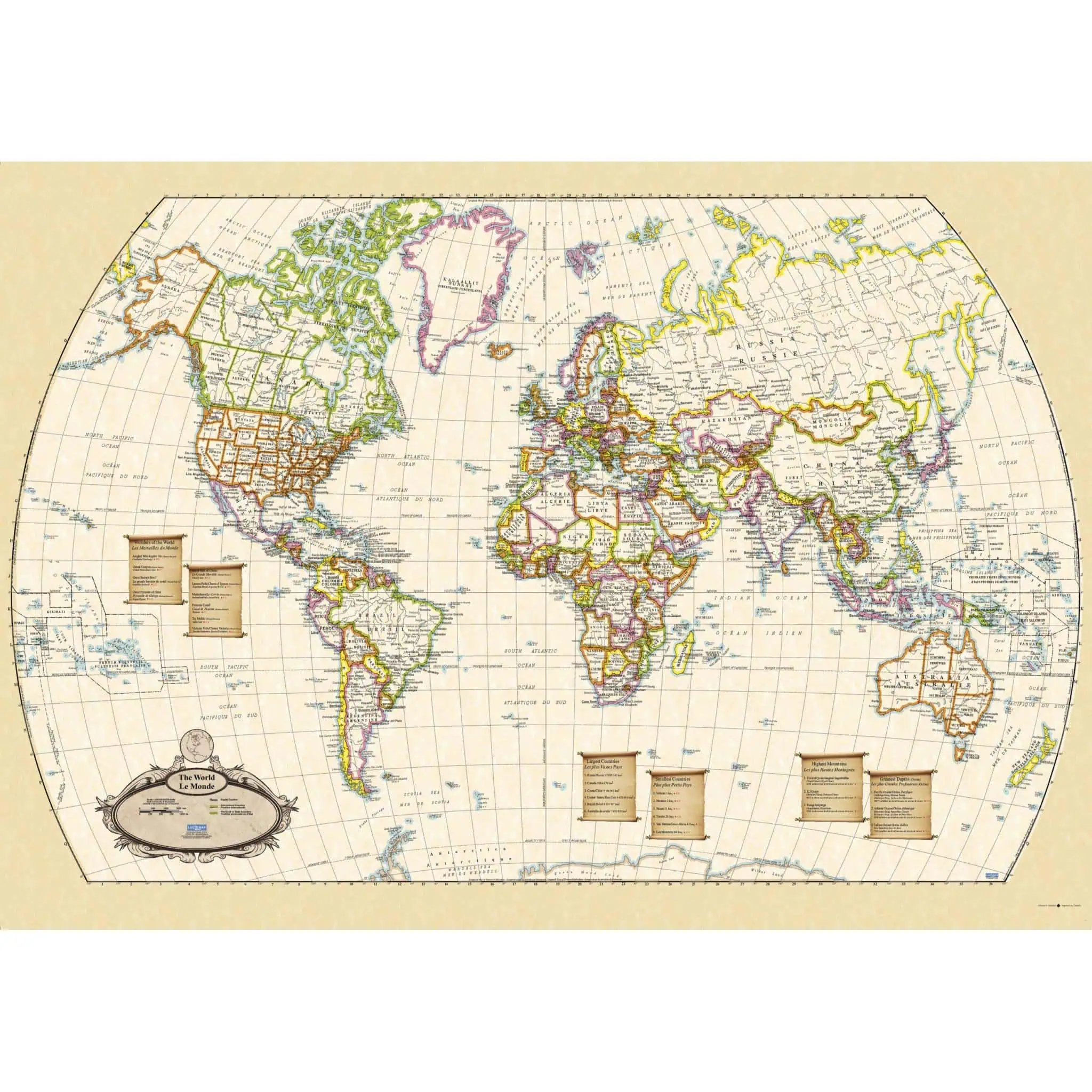 Detailed vintage world map with political boundaries, emphasizing cartography and global geography from The Map Shop. Perfect for collectors, educators, and geography enthusiasts.