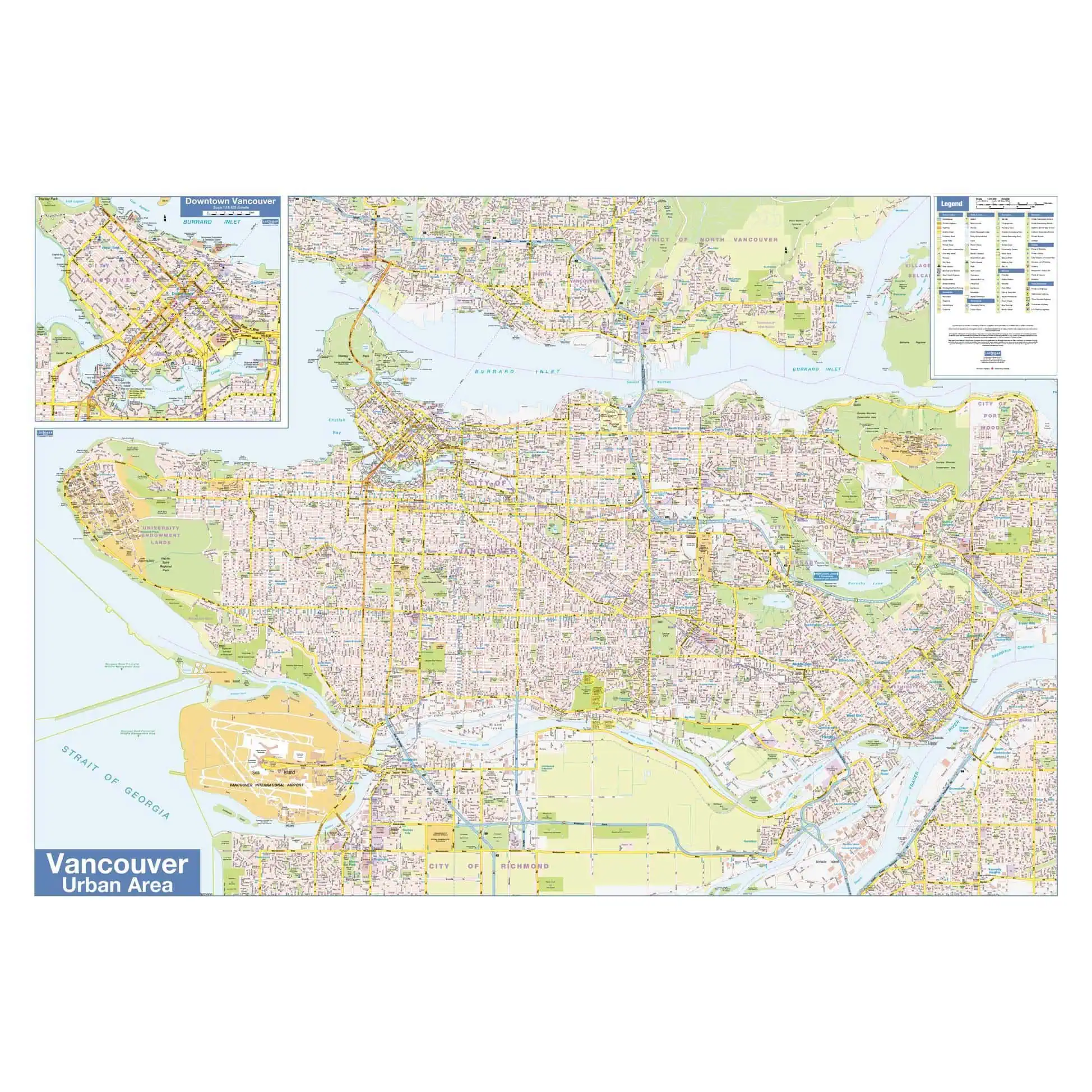 Vancouver urban area map, detailed street and neighborhood layout with key landmarks, roads, parks, and transportation routes for navigation and travel planning.