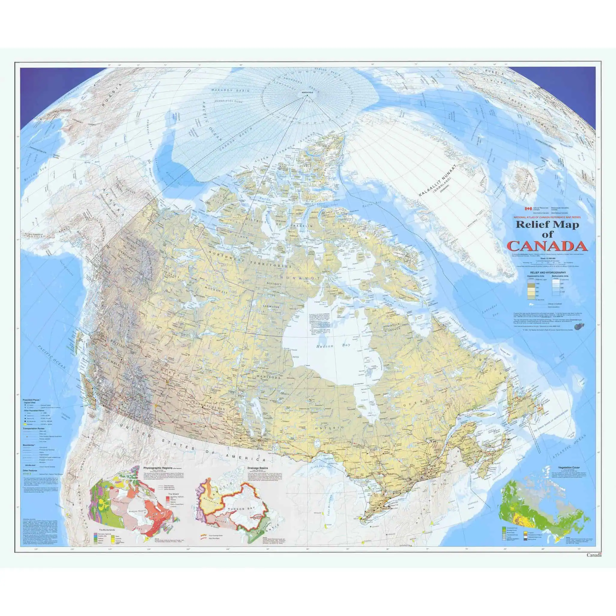 Detailed relief map of Canada showing topography, geographical features, and major regions for educational and navigation purposes. Ideal for map enthusiasts and travel planning.