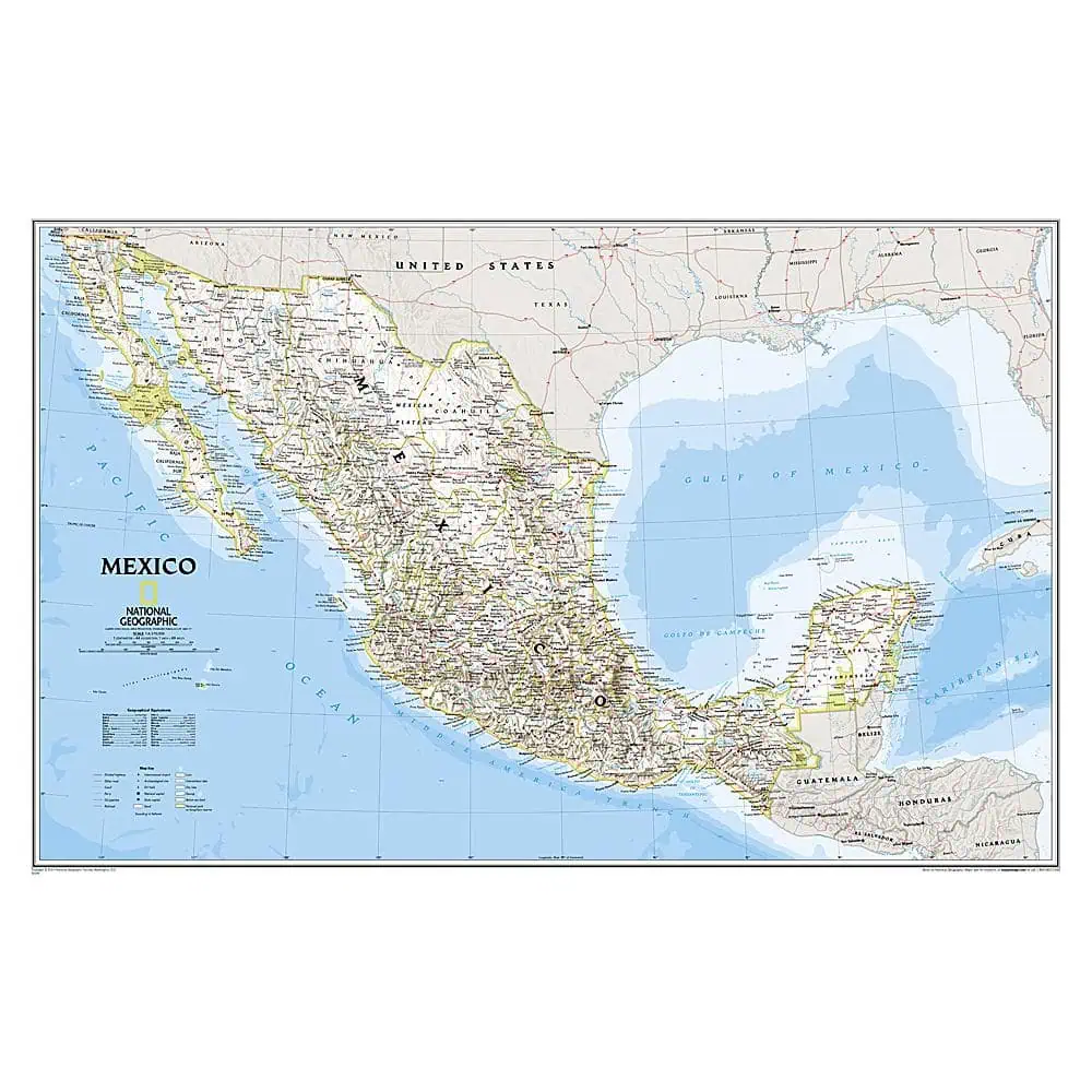 Political map of Mexico highlighting states, cities, roads, and geographical features, ideal for travel planning, navigation, and educational purposes with detailed cartography.