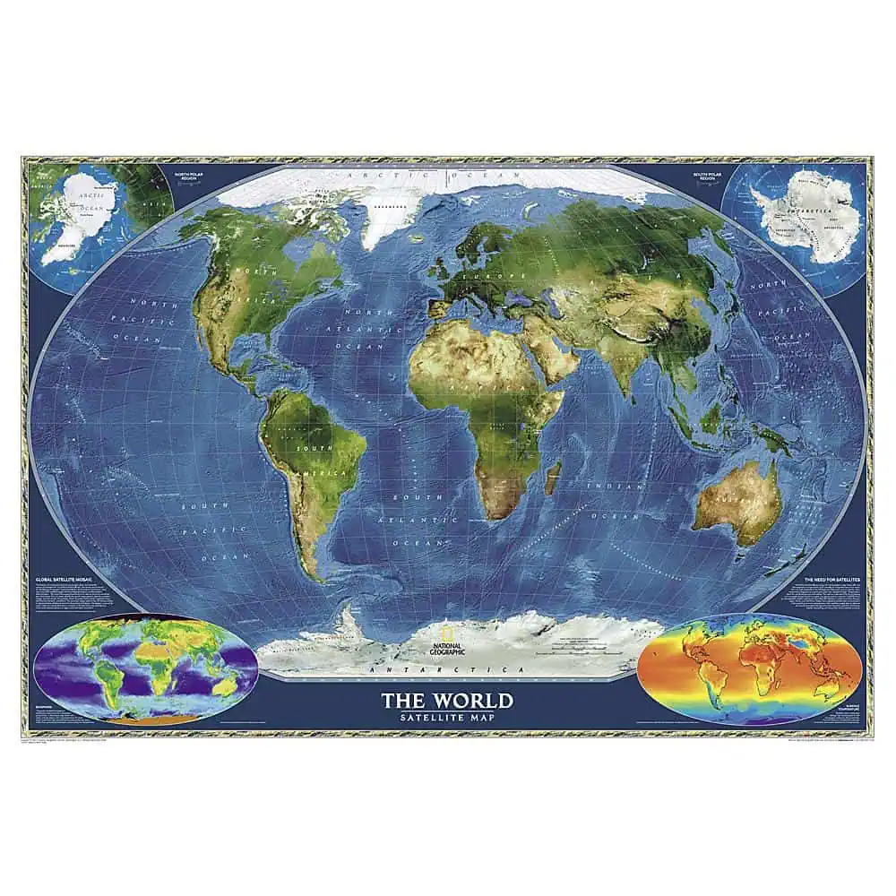 Detailed world satellite map showing continents, oceans, and geographic features for navigation, education, and travel planning.