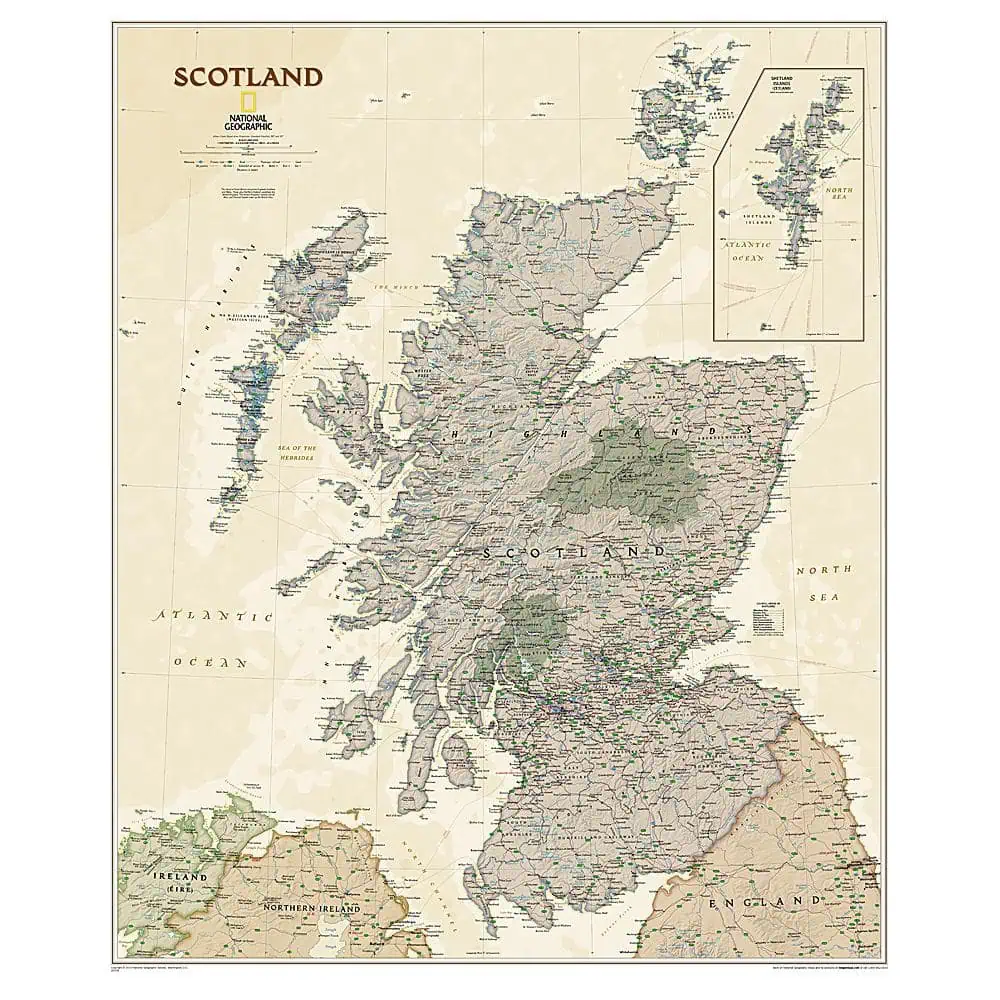 Detailed vintage map of Scotland showing geographic features, cities, and topography, ideal for travel planning, educational purposes, or map enthusiasts.