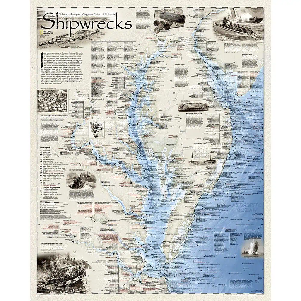 Shipwrecks map of the Delaware, Maryland, Virginia, District of Columbia area, featuring historic shipwreck locations along the Atlantic coast, detailed with annotations and illustrations.