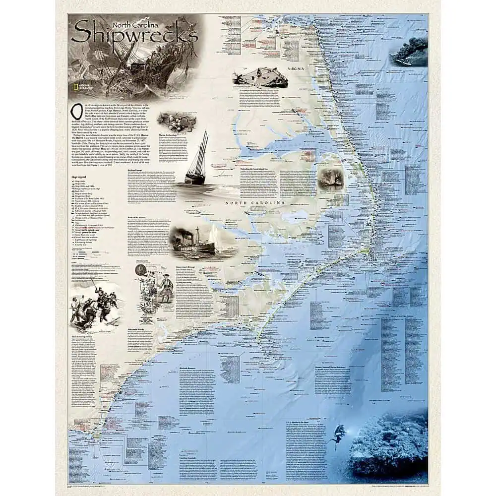 A detailed historical map of North Carolina highlighting shipwrecks along the coast with illustrations and descriptions.