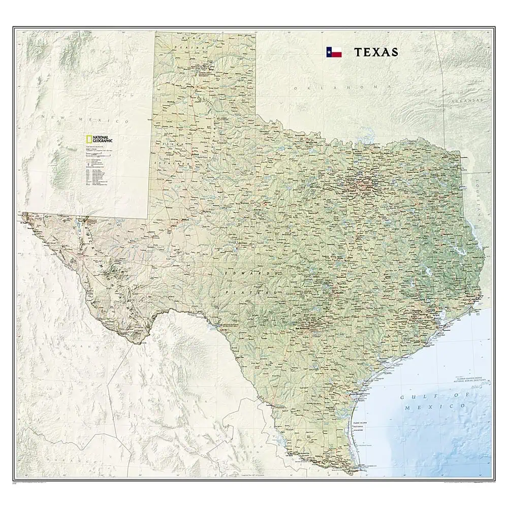 Detailed Texas map with cities, lakes, and geographic features - ideal for travel planning, education, and outdoor activities. High-quality physical and political map from The Map Shop.