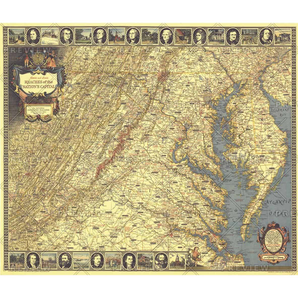 Detailed vintage map of the United States showing the reach of the nation's capital, with historical illustrations and geographic details for travel and educational reference.